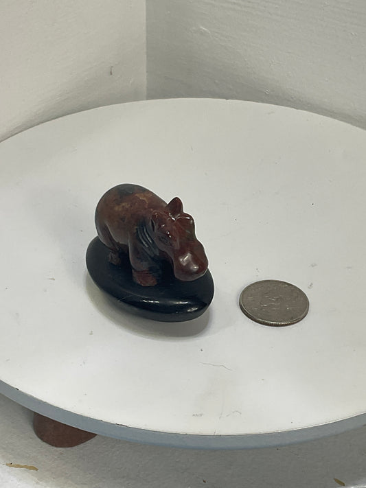 BLOODSTONE HIPPO ON WOOD STAND